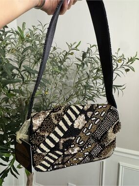 Made in India Black, white, and gold beaded handbag